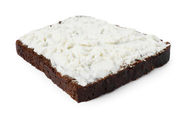 Delicious fresh ricotta (cream cheese) on piece of bread isolated on white