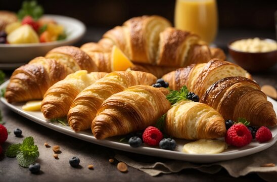 Outdoor lunch with croissant and juice very delicious bread bun, tasty Food and milk at garden party for breakfast meal snack