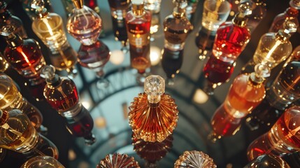 Naklejka premium Perfume bottles displayed from above on a dark circular mirror