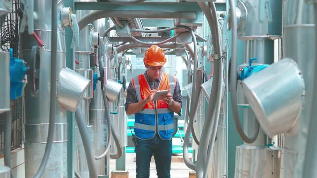 Engineer under checking the industry chilled water fan coil unit air conditioner is water cooling tower air chiller HVAC system of large industrial building to control air systemengineering, construct