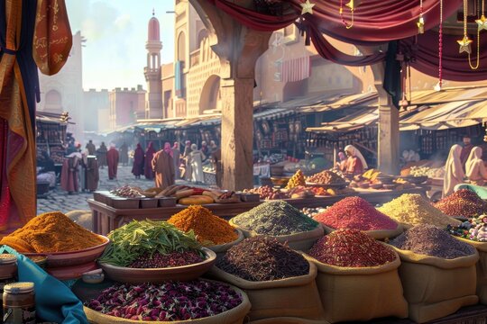 Middle Eastern market with array of colorful spices and herbs