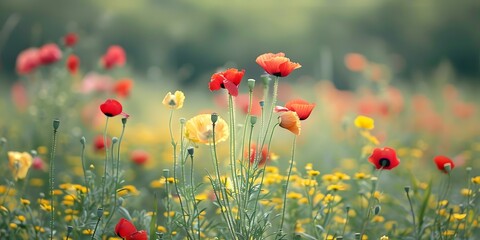 Fototapeta premium Field of Wildflowers with Red and Yellow Poppy Flowers