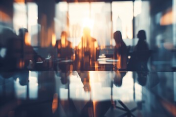 Fototapeta premium Blurred silhouettes of people seen through glass at an office meeting