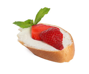 Delicious bruschetta with ricotta cheese, mint and strawberries isolated on white