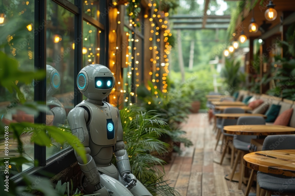 Poster a humanoid robot sits inside a modern café adorned with string lights and plants.