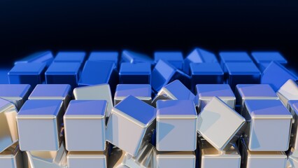 Obraz premium Metallic cube abstract background. 3d render shiny box shapes backdrop. Geometric square graphic element. Blue glossy rectangle abstract design with reflection.