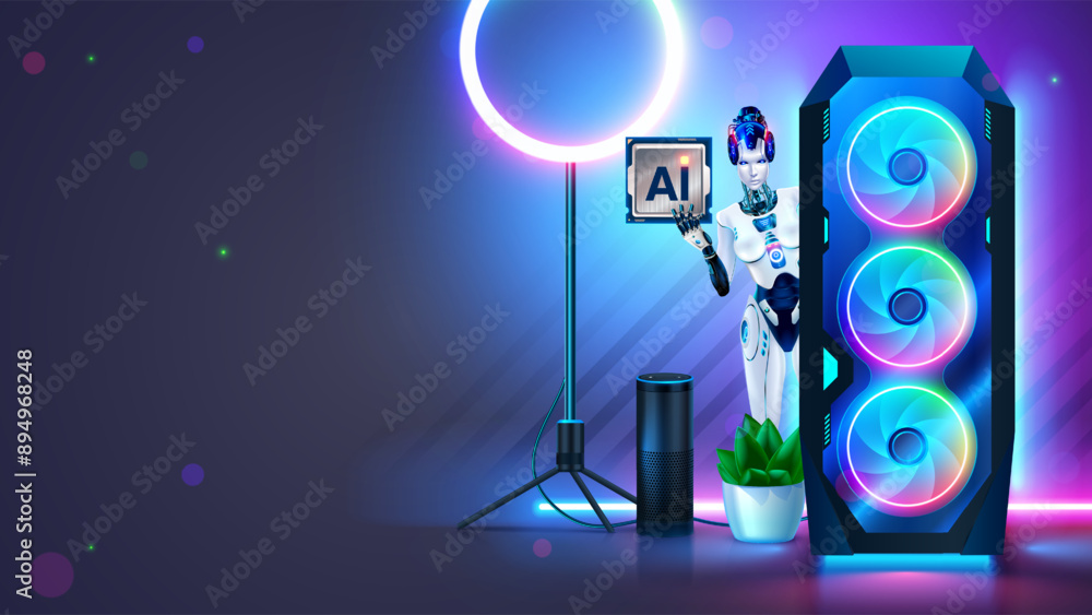 Poster Gaming pc with AI chip. Desktop gaming computer with neon light on desk. GPU or CPU with AI or Artificial Intelligence chip. Robot woman with AI chip in hand it looks out of computer system unit.