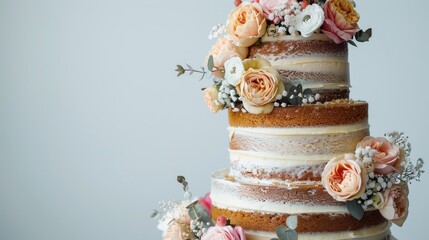 Obraz premium Three tier naked wedding cake with gold foil and flower decorations on white background with space for text