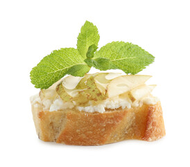Delicious ricotta bruschetta with pear and mint isolated on white