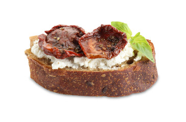 Delicious ricotta bruschetta with sun dried tomatoes and basil isolated on white