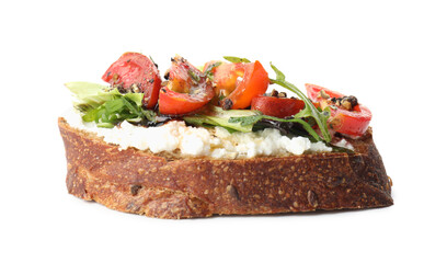 Delicious bruschetta with ricotta cheese, tomatoes and arugula isolated on white