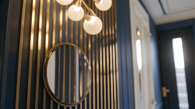 An eyecatching entryway featuring navy and gold vertical stripes a round mirror and a statement chandelier.