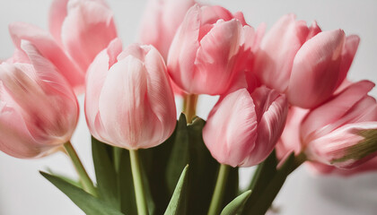 Beautiful pink tulip flowers bouquet in female hands over white background. Aesthetic minimalist style floral composition with copy space