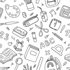 Hand drawn vector school pattern. Seamless pattern back to school objects and lettering. black and white in doodle style on a white background