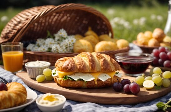 Outdoor lunch with croissant and juice very delicious bread bun, tasty Food and milk at garden party for breakfast meal snack