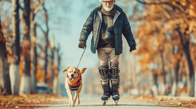 A telephoto angle photo of a stylish grandpa rollerblading with a dog on a leash, both enjoying the outdoor activity, with copy space