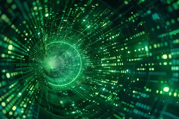 Obraz premium A captivating image of a futuristic green data vortex symbolizing cyberspace and digital technology, featuring neon effects and intricate details