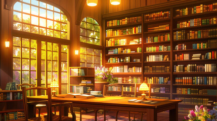 Cozy library interior with wooden shelves filled with books, warm lighting, and a view of a garden through large windows