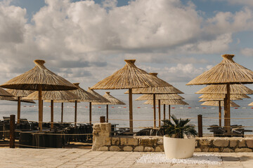 Empty beach near the old town of Budva, Montenegro. Beautiful sunny morning.
