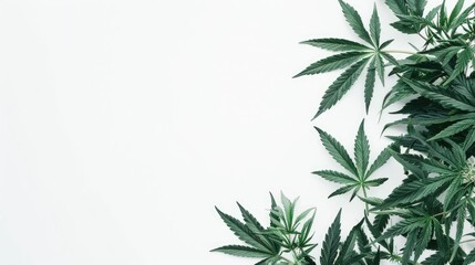 Cannabis Plant with Leaves on White Background and Space for Text