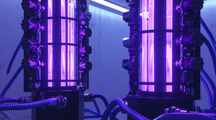 Two neon tubes filled with purple electric liquid, connected to two large electrical machines, with glowing electricity and lightning inside the machines against a dark background.