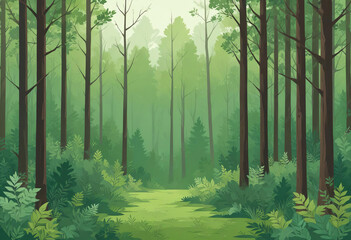 Obraz premium Playful cartoon forest scene with a variety of trees, bright and colorful background, whimsical atmosphere, lively and detailed.