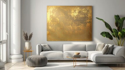 Golden artwork over grey couch in light-filled room with table chair, pouf, and fern
