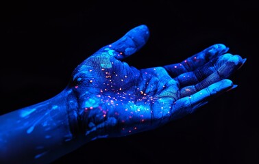 Fototapeta premium A hand covered in glowing blue paint with specks of pink, set against a black background.