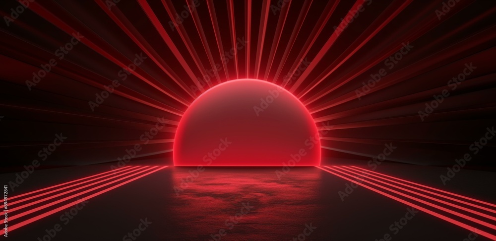 Poster the image captures a red glowing light in the shape of an arch on a dark background, radiating red b