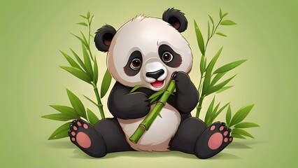Naklejka premium panda eating bamboo, a cute and playful cartoon panda eating bamboo