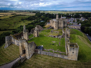 Warkworth Castle aerial view, Northumberland, England