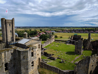Warkworth Castle aerial view, Northumberland, England
