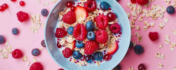 Naklejka premium top view Muesli with fruits served in bowl on plain background with space for text.