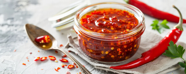 Spicy condiment in a glass jar on a napkin, with a red chili pepper and a spoon nearby, set on a white background.