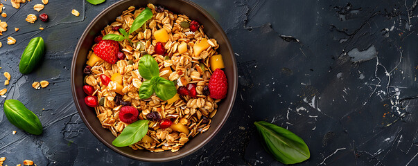 top view Muesli with fruits served in bowl on plain background with space for text.