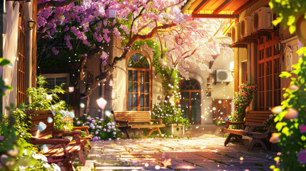 Fototapeta premium Serene courtyard with blooming cherry trees and vibrant flowers, showcasing benches and sunlight filtering through greenery