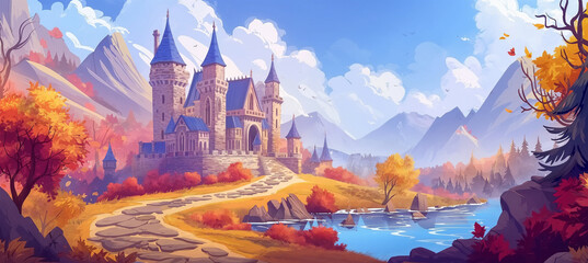 The Magic castle and medieval town buildings, Game background, Illustration
