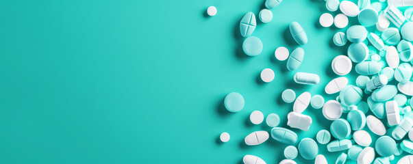 A cluster of pills and capsules creating a corner frame on a turquoise background, with the rest of the space open for text. The cool turquoise hue provides a refreshing look.