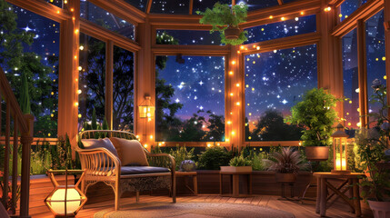 Fototapeta premium Cozy and inviting indoor garden with soft lighting, showcasing plants and decor under a starry night sky