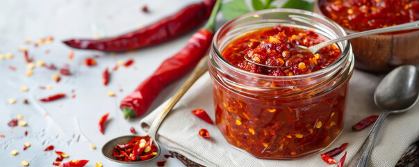 Spicy condiment in a jar, resting on a napkin, with a chili pepper and a spoon next to it, all on a white background.