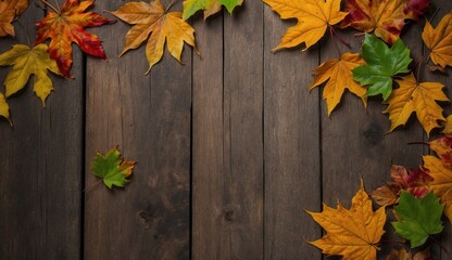 Wooden tabletop adorned with a variety of autumn leaves.