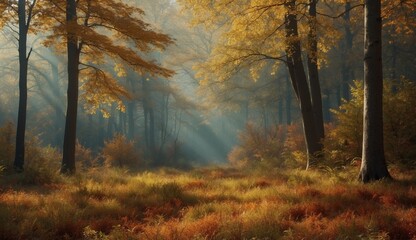 Sun rays filter through forest trees with autumn leaves.