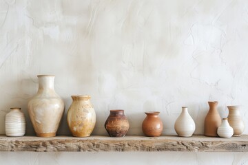 Handcrafted ceramic vases in minimalistic design on wall rack. Image with empty space. Room for inserting text and images