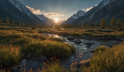 Obraz premium Serene river flowing through mountain valley at sunset