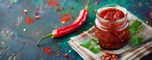 A jar of spicy condiment on a napkin, with a chili pepper and a spoon nearby, on a vibrant color background.