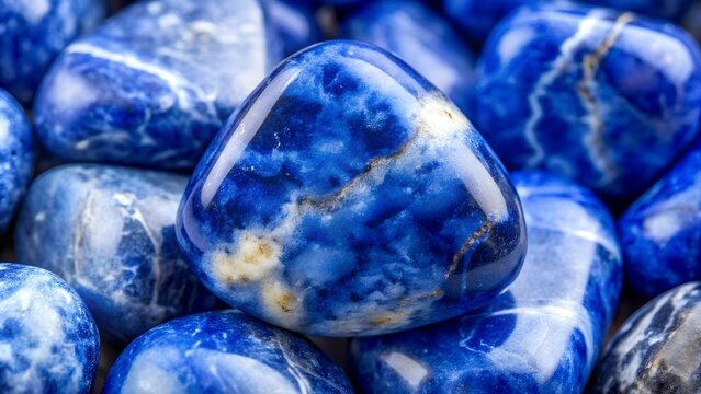 A close up image of smooth blue and white sodalite stones