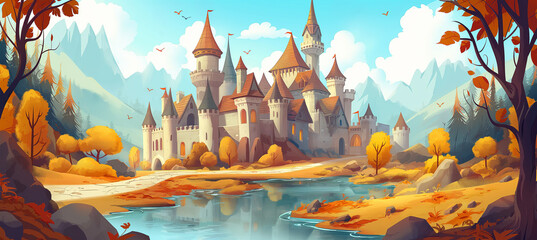 The Magic castle and medieval town buildings, Game background, Illustration