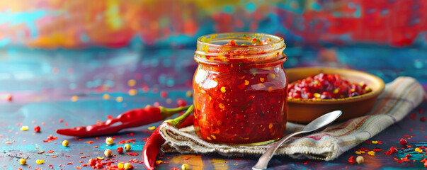 A jar of spicy condiment on a napkin, with a chili pepper and a spoon nearby, on a vibrant color background.