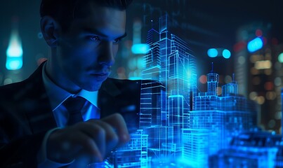 Artistic representation of a businessman envisioning a futuristic cityscape through a blue hologram of a modern building, highlighting urban development and investment prospects