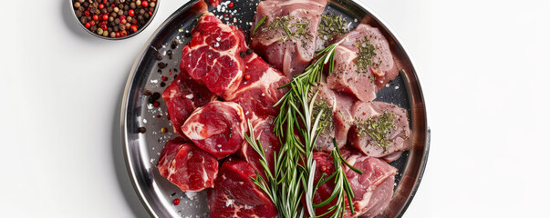 A stylish metal platter with raw meat and an assortment of seasonings, displayed on a white background from an overhead perspective.